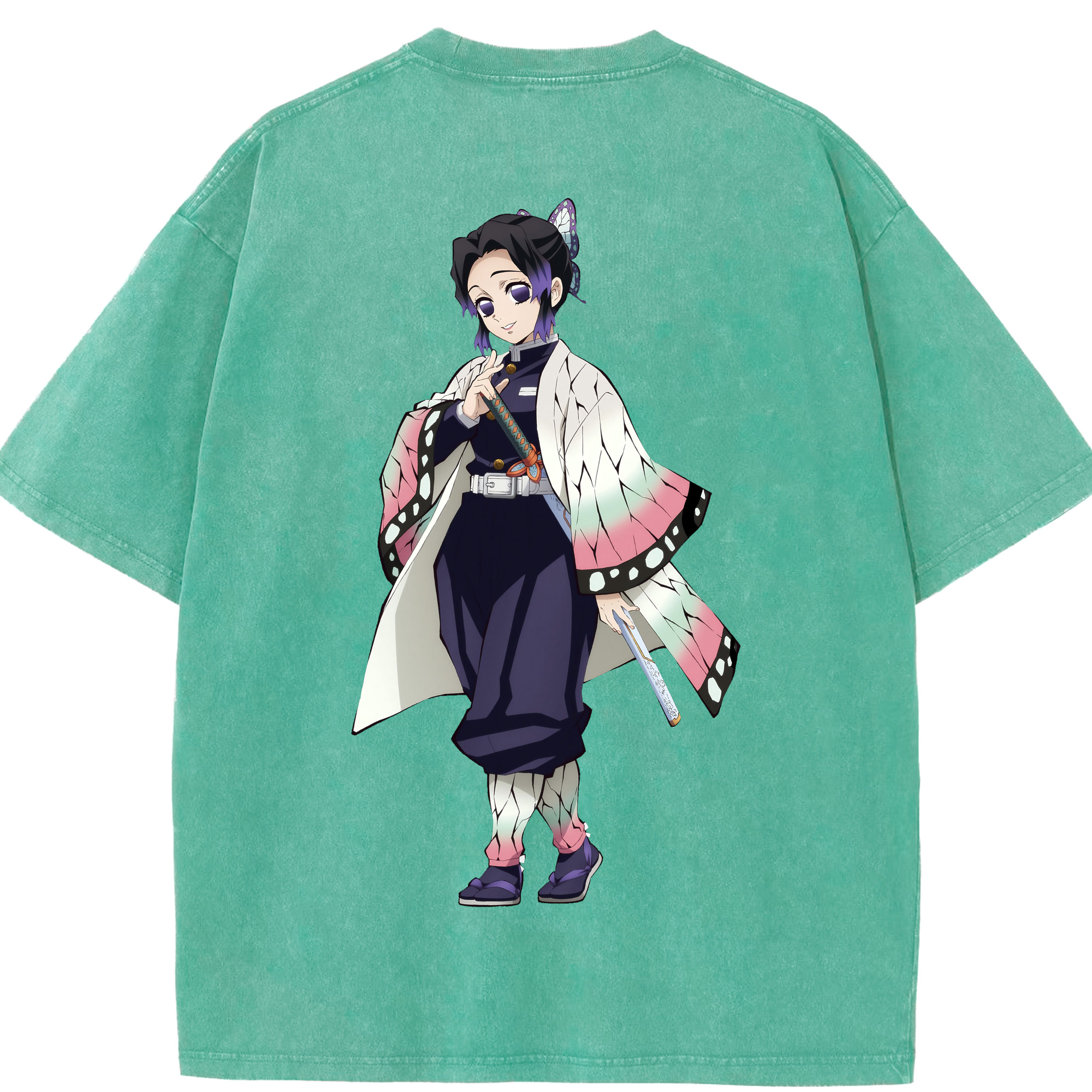 （画像用） 鬼滅の刃（きめつのやいば）蟲柱-胡蝶 しのぶ／こちょう しのぶ Kochou Shinobu 綿100% ヴィンテージ風 半袖Tシャツ（背面プリント）